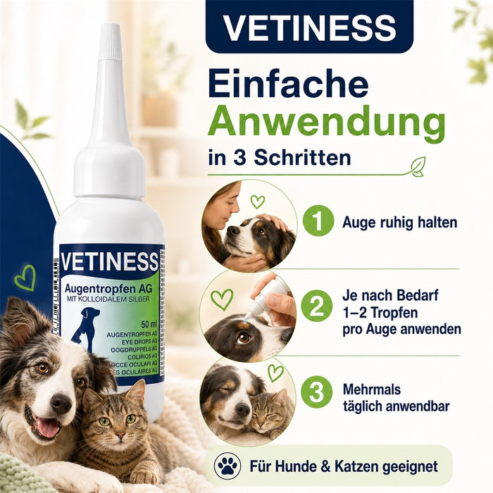 Vetiness Augentropfen AG – Anwendung in 3 einfachen Schritten
