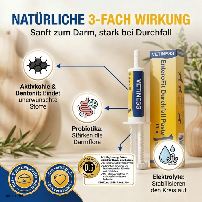 EnteroFit Durchfall Paste – natürliche 3-fach Wirkung mit Aktivkohle, Probiotika und Elektrolyten
