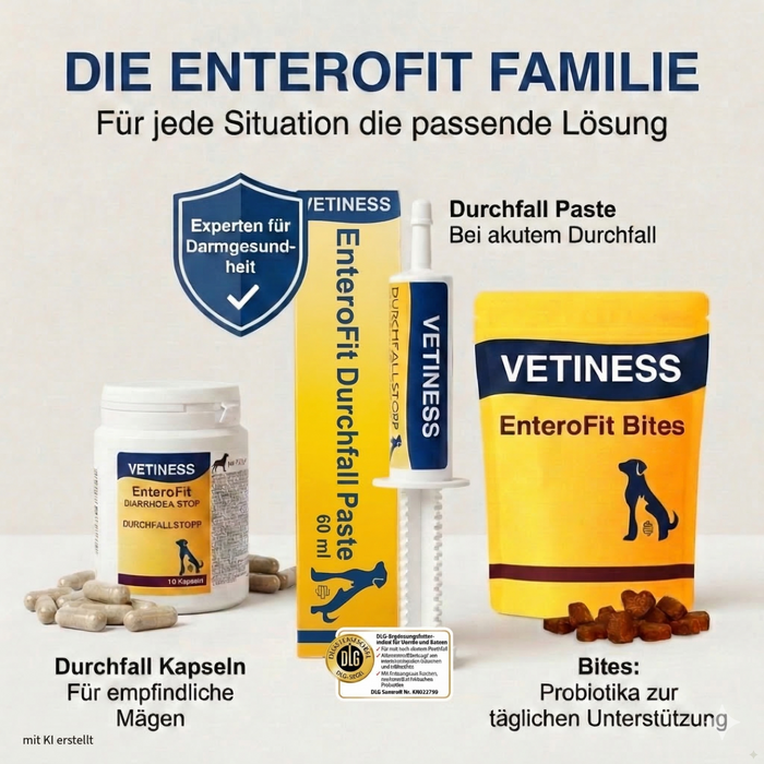 Die Vetiness EnteroFit Familie – Durchfall Paste, Kapseln und Bites
