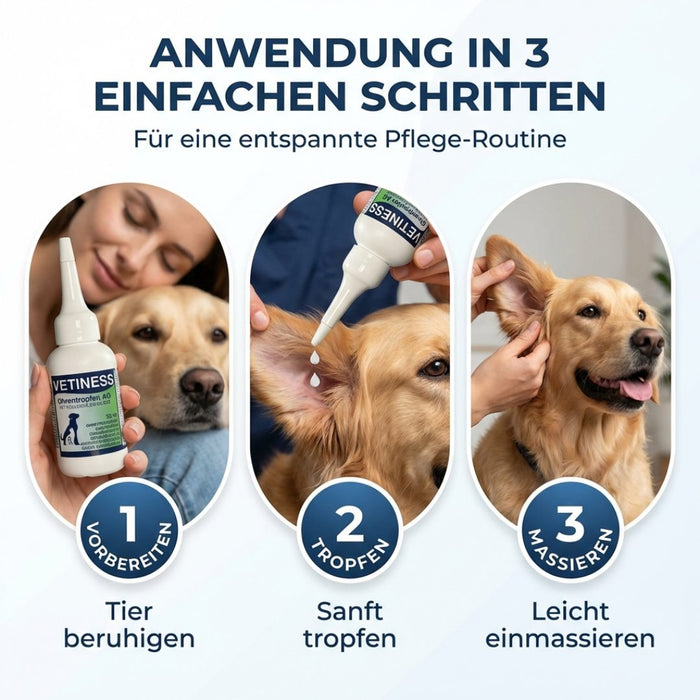 Vetiness Ohrentropfen AG – Anwendung in 3 einfachen Schritten