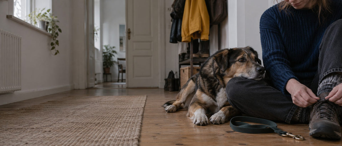 Hund legt den Kopf auf das Knie seines Menschen, der sich im Flur die Schuhe für den Spaziergang bindet