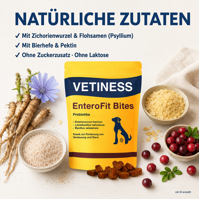 Vetiness EnteroFit Bites – natürliche Zutaten mit Zichorienwurzel und Flohsamen