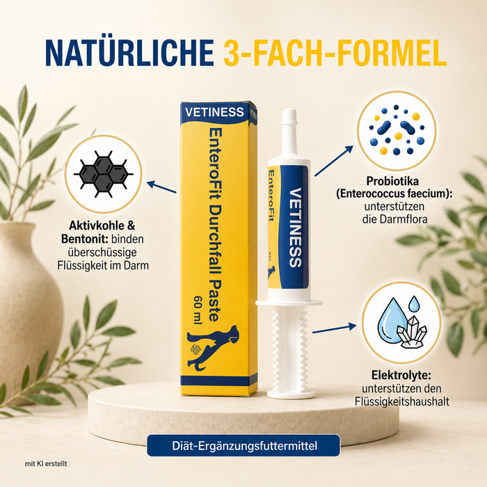Vetiness EnteroFit Durchfall Paste – natürliche 3-fach-Formel mit Aktivkohle, Probiotika und Elektrolyten