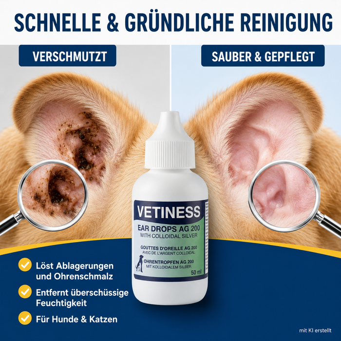 Vetiness Ohrentropfen AG 200 – schnelle und gründliche Reinigung: entfernt Schmutz und Ohrenschmalz